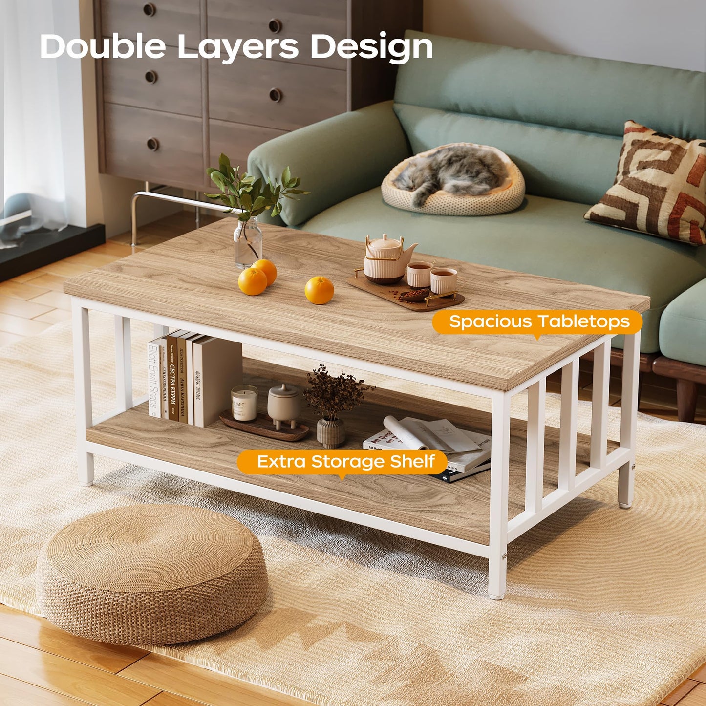 Modern Farmhouse Coffee Table with Slatted Frame, 2-Tier Storage Shelf for Living Room or Office, 39 Inch Light Coffee