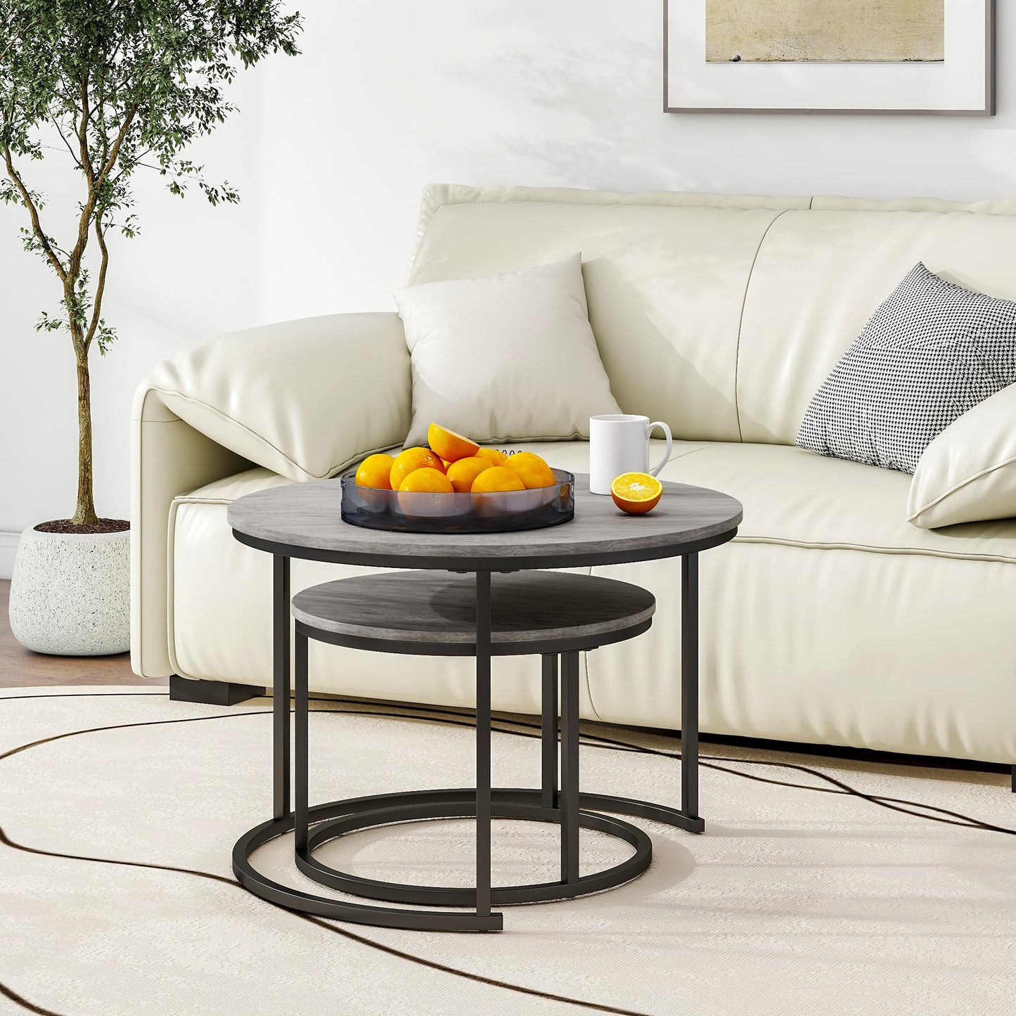 Nesting Round Coffee Table Set of 2, Wooden Accent Tables with Metal Frame for Living Room, Stacking Side Tables, Black/Warm Grey