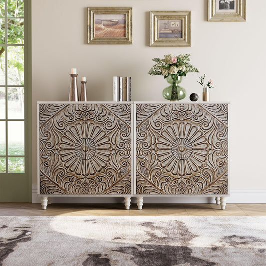 **COSIEST Set of 2 32" Buffet Sideboard Cabinets with Storage, Accent Cabinets with Push-to-Open Vintage Flower Carved Pinewood Doors, Entryway Console for Living Room, Kitchen, or Hallway, Gray**