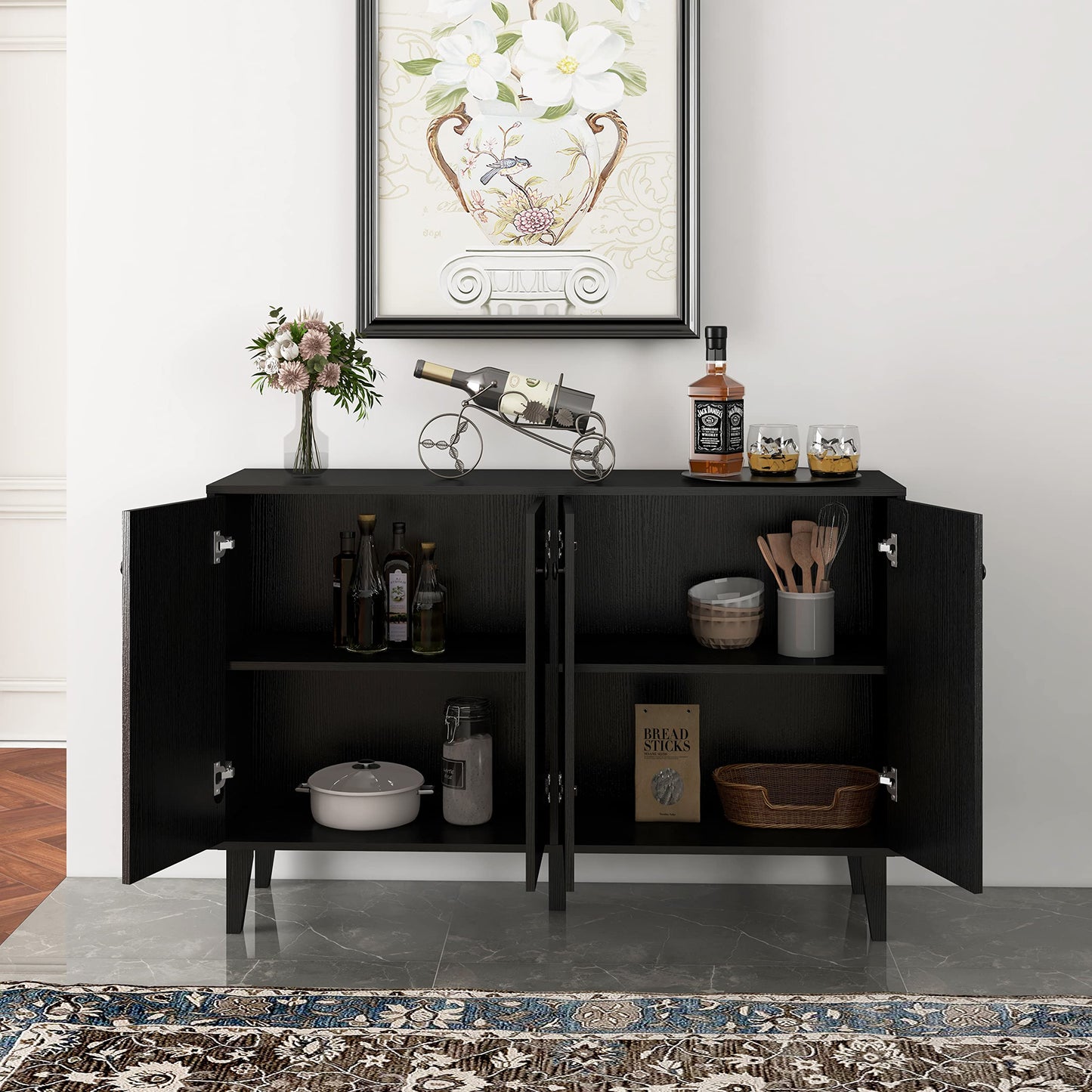 Black Sideboard Buffet Cabinet with 4 Doors, Kitchen and Living Room Storage Console Table