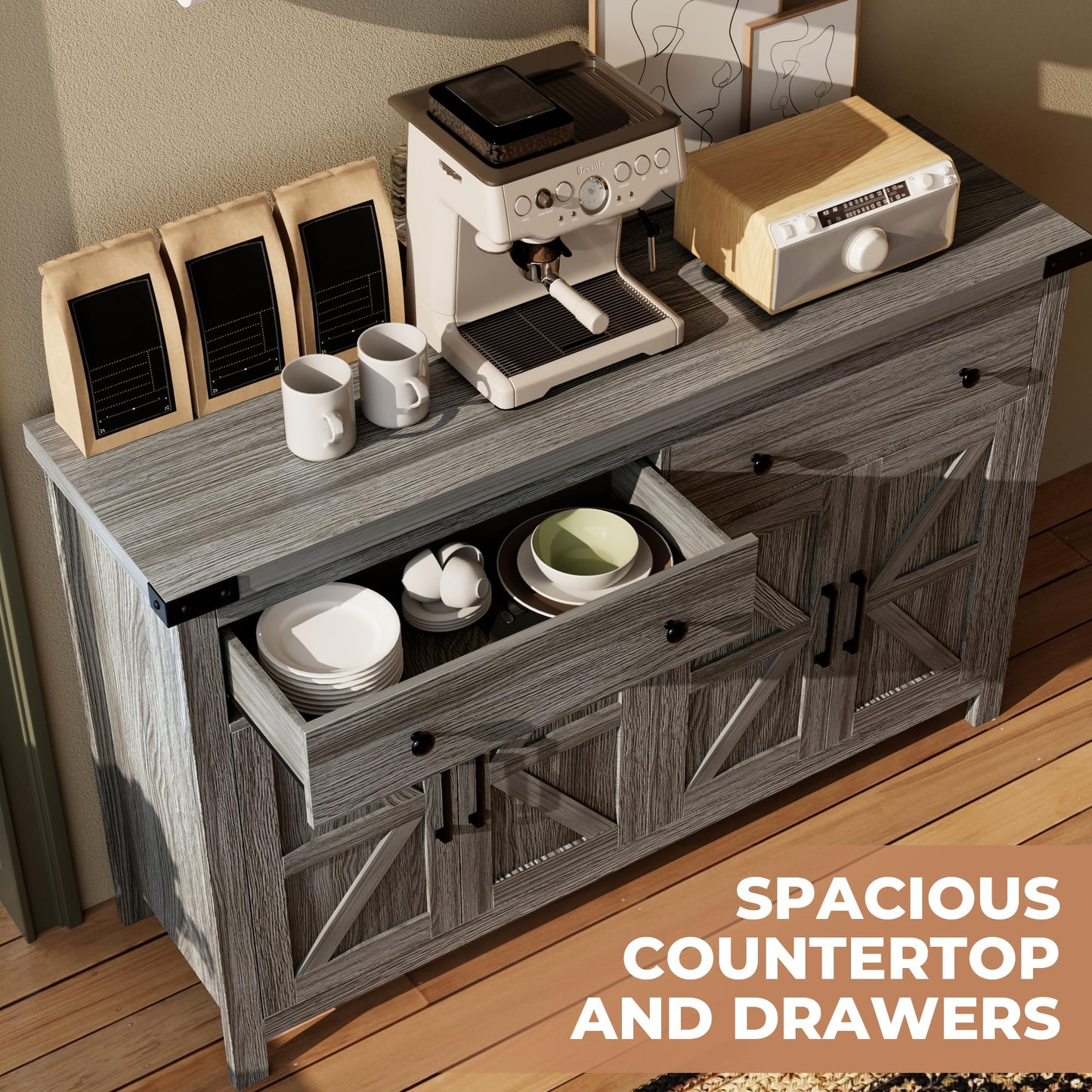 55" Modern Farmhouse Sideboard Buffet Cabinet with Storage, Grey Wood Coffee Bar Cabinet with 2 Drawers & 4 Barn Doors, Long Storage Cabinet for Kitchen, Dining Room & Living Room