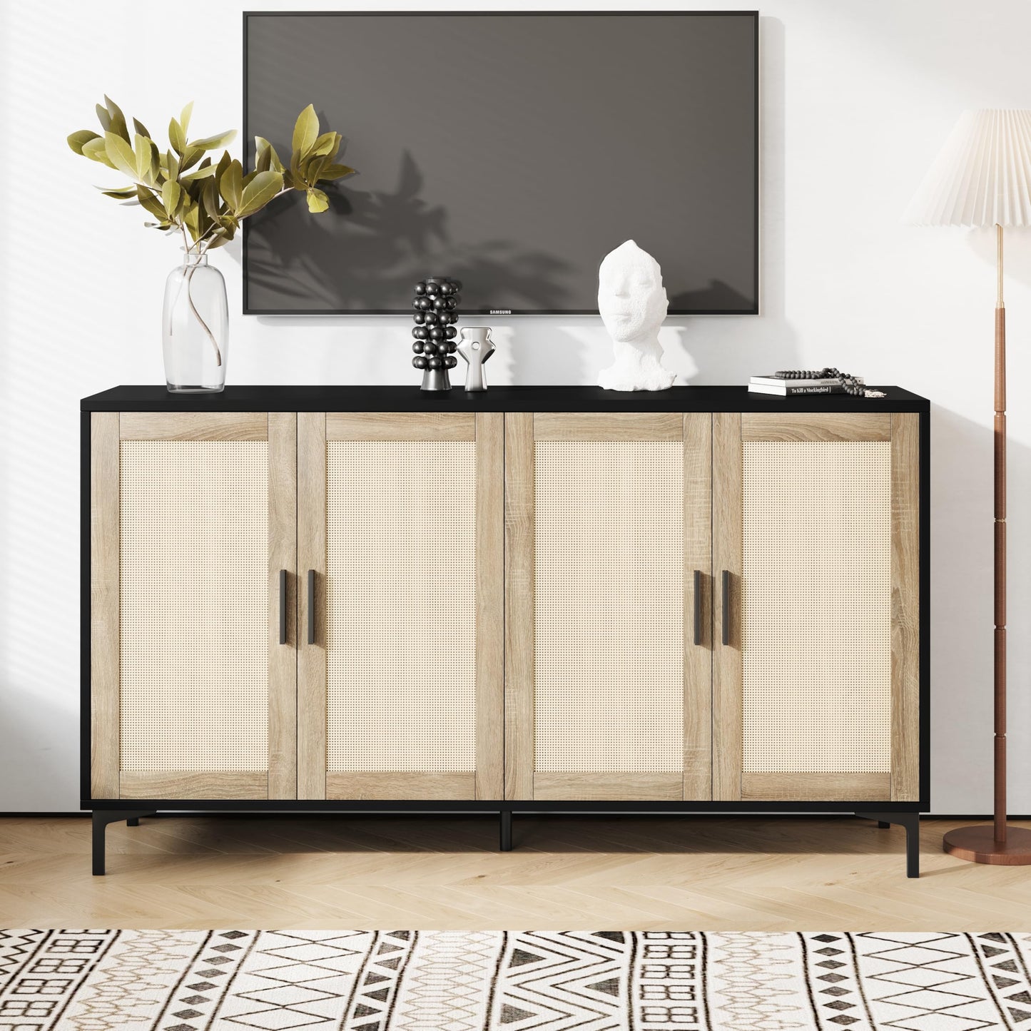 **JASIWAY Sideboard Buffet Cabinet with Storage, Rattan Kitchen Buffet Cabinet with Doors, Accent Coffee Bar Sideboard Cabinet for Living Room, Entryway, and Kitchen, Black**