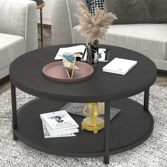 NSdirect 36" Round Coffee Table for Living Room – Rustic Black Oak Wooden Top with Sturdy Metal Legs, 2-Tier Industrial Sofa Table with Open Storage Shelf, Modern Home Furniture