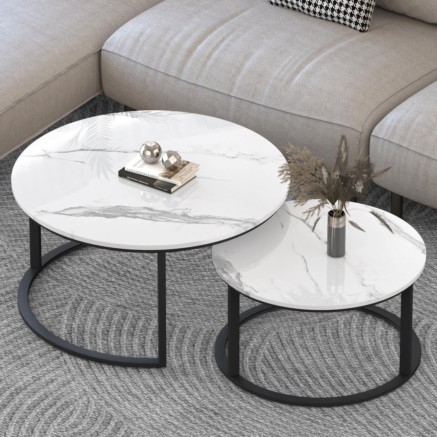 WiberWi Round Nesting Coffee Tables Set of 2 – Large Ø33.5", Small Ø25.7", Modern Metal Frame Circle Tables with High Gloss Faux White Marble Top for Living Room
