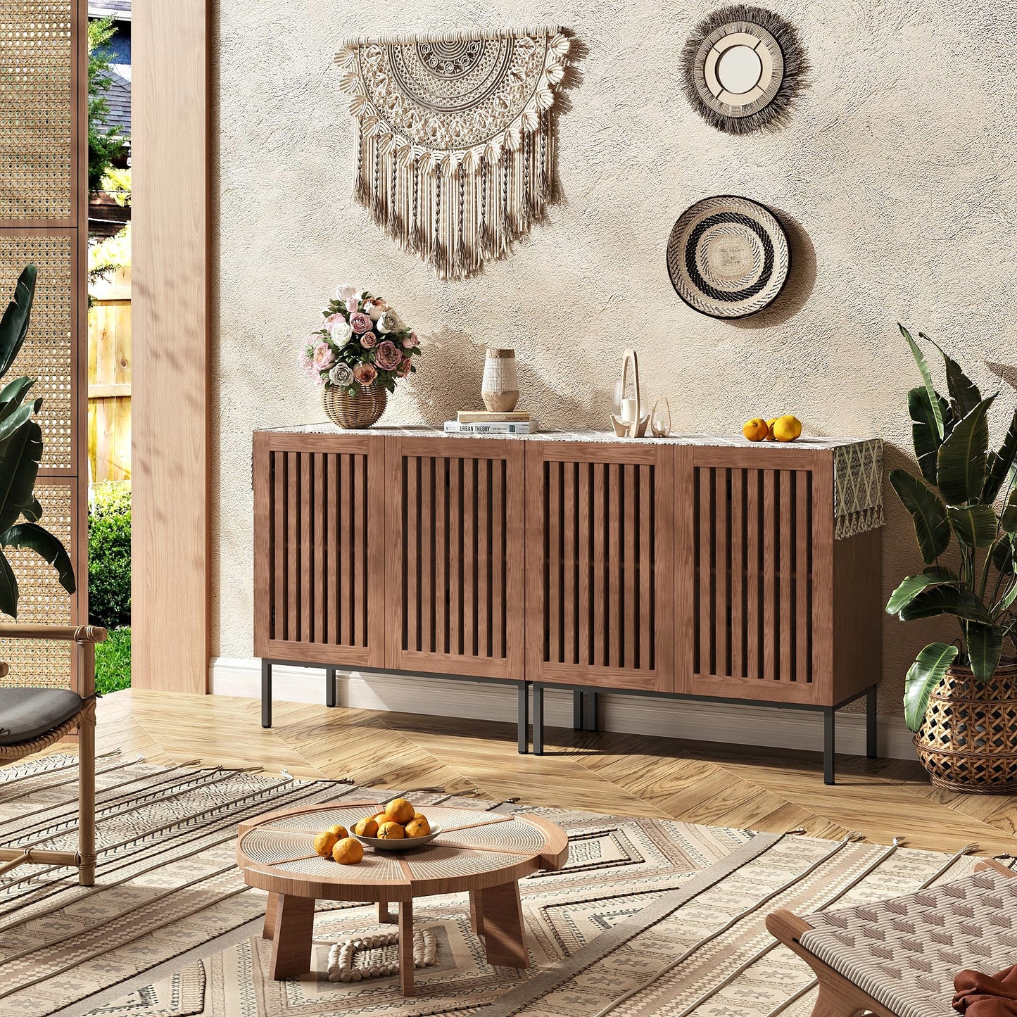 **Set of 2 Accent Storage Cabinets with Doors and Adjustable Shelves, Freestanding Buffet Cabinets, Modern Sideboard Buffet Cabinets for Living Room, Dining Room, Kitchen, and Hallway, Brown**